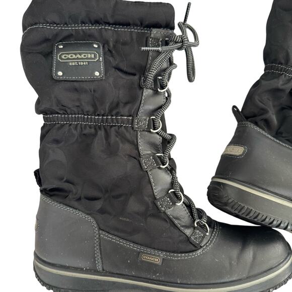 COACH WOMENS BLACK SHAINE BLOCK LOGO WEATHER PROOF BOOTS 7.5 - Picture 2 of 8